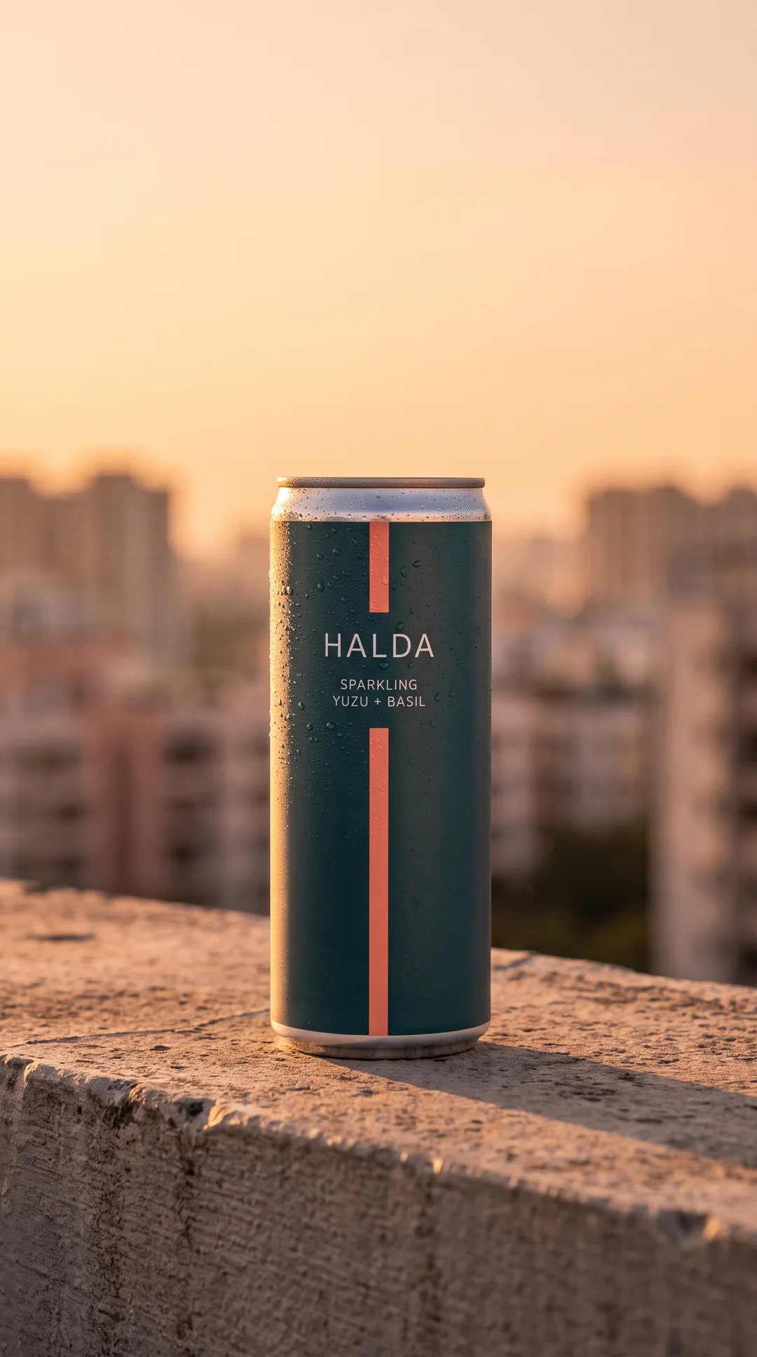 A sealed teal drink can on a concrete rooftop ledge at golden hour, the camera pushing slowly in