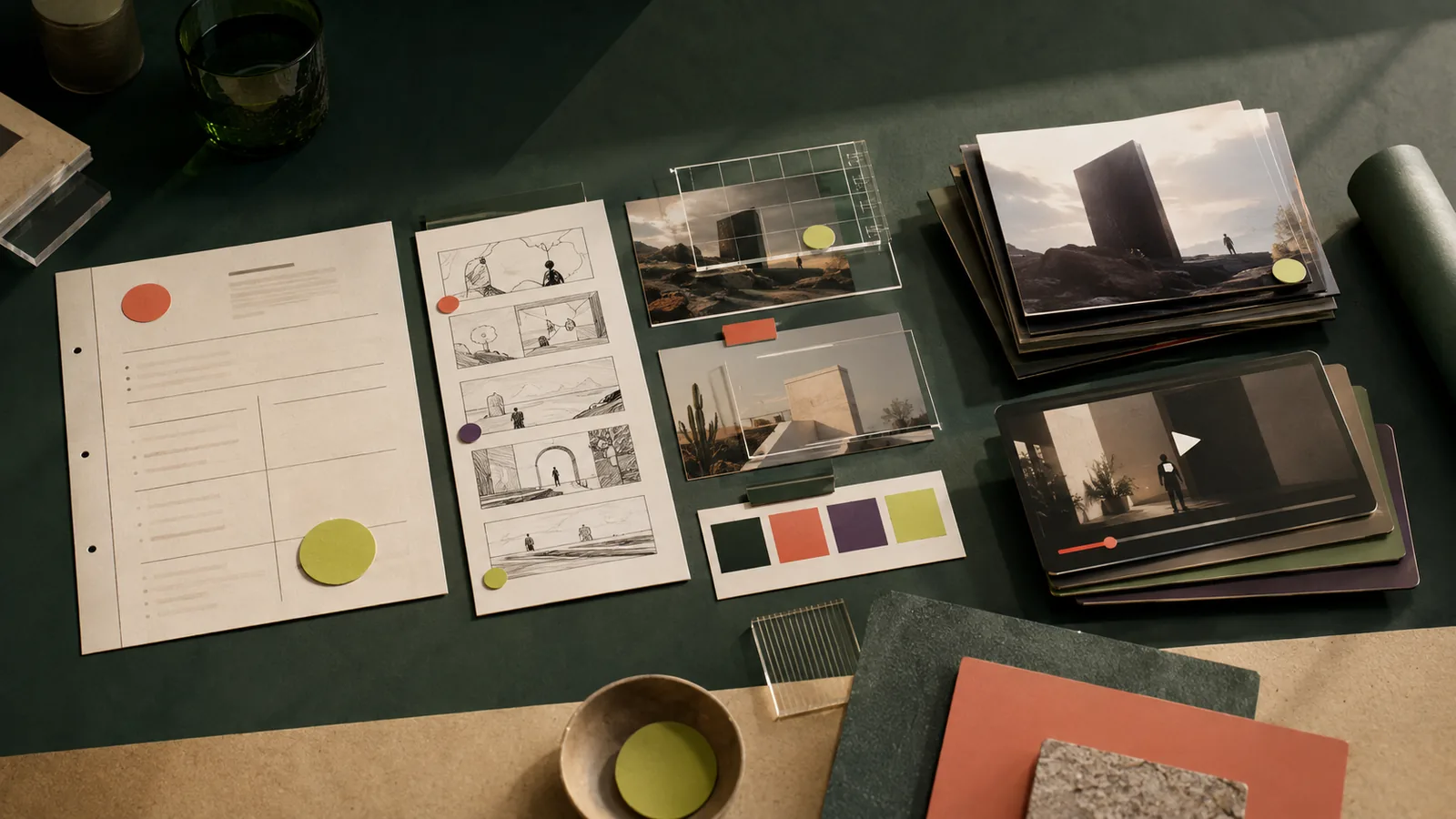A creative production desk with a brief, storyboard, reference cards, and organized campaign deliverables