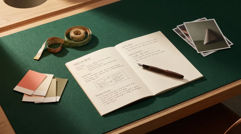 An open creative brief with handwritten annotations on a deep green desk, beside coral colour chips and reference prints