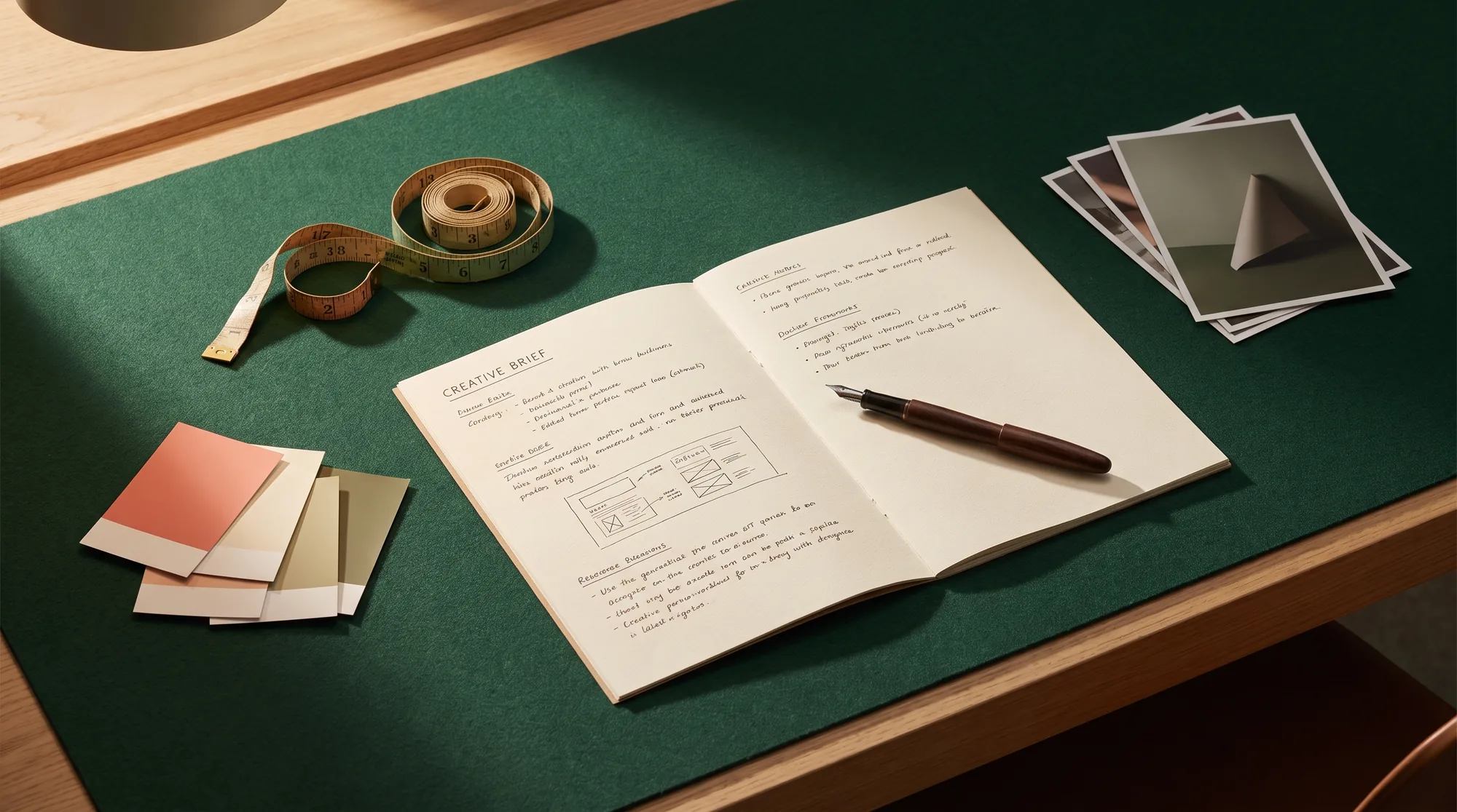 An open creative brief with handwritten annotations on a deep green desk, beside coral colour chips and reference prints