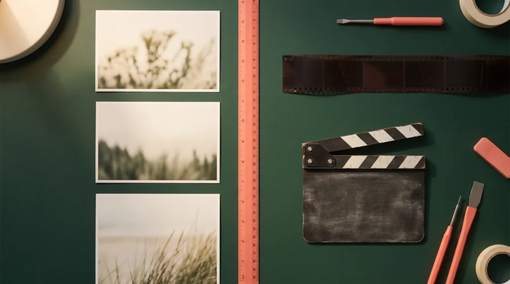 A production desk split between three still photographic prints and a film strip with a clapper board, divided by a coral rule