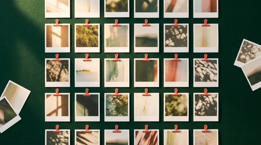 A grid of small printed reference photographs pinned with coral clips to a deep green board