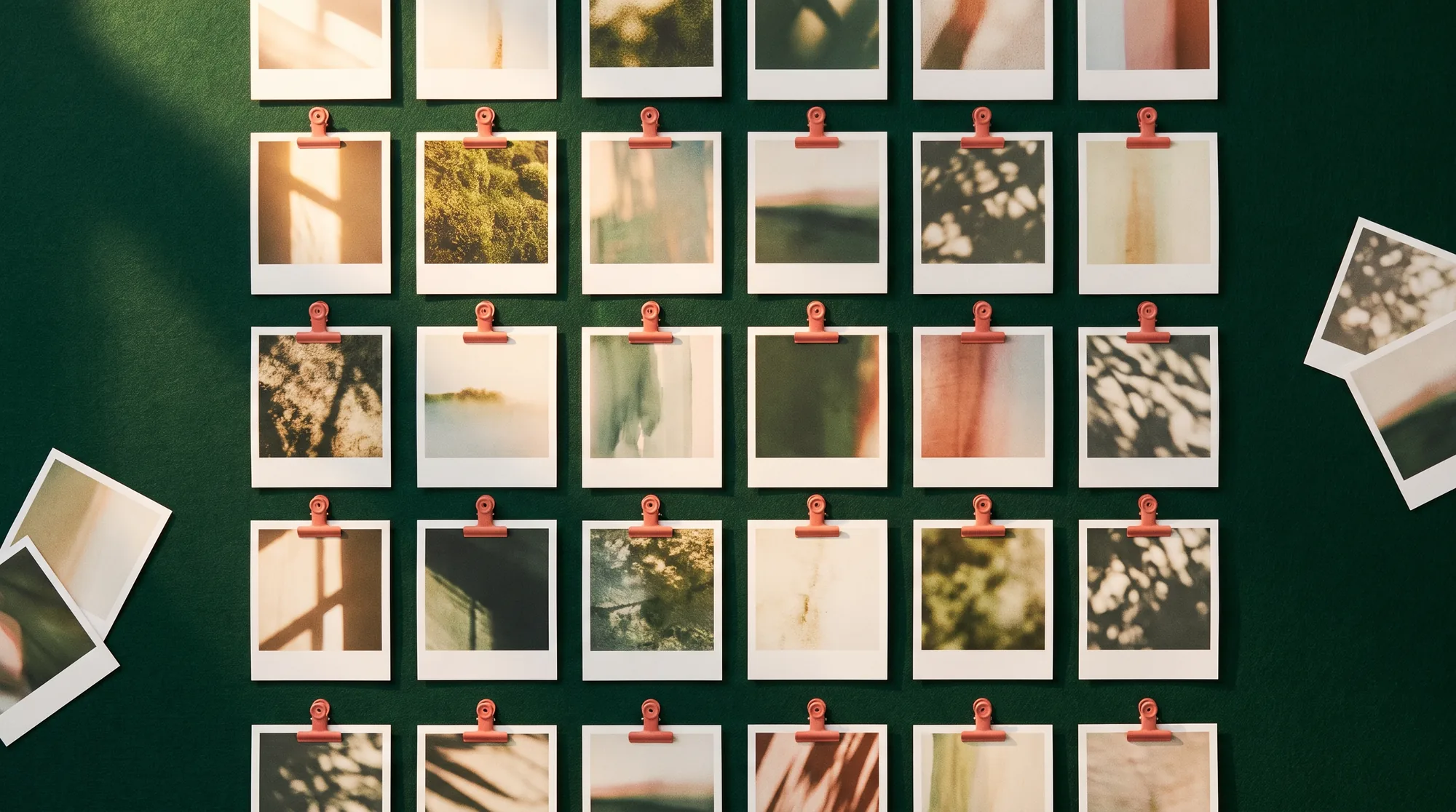 A grid of small printed reference photographs pinned with coral clips to a deep green board
